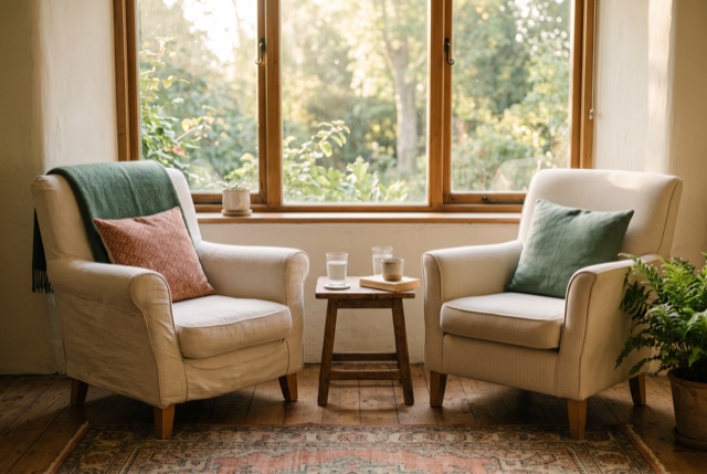 Two chairs angled together by a sunny window