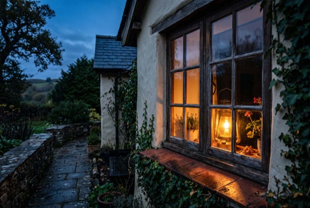 A lit lantern in a cottage window at blue hour