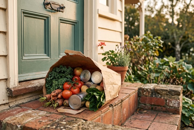 A grocery bag of produce and cans on a doorstep