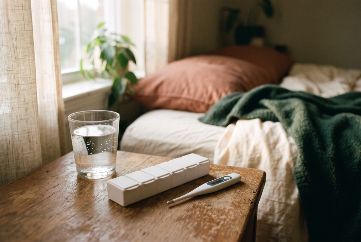 Water, a plain pill box and a thermometer on a bedside table