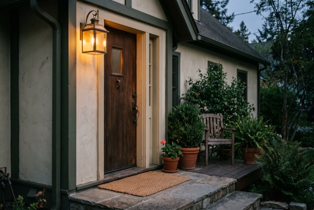 A porch light glowing over a front door at dusk
