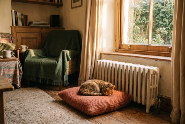 A cat sleeping on a cushion beside a warm radiator