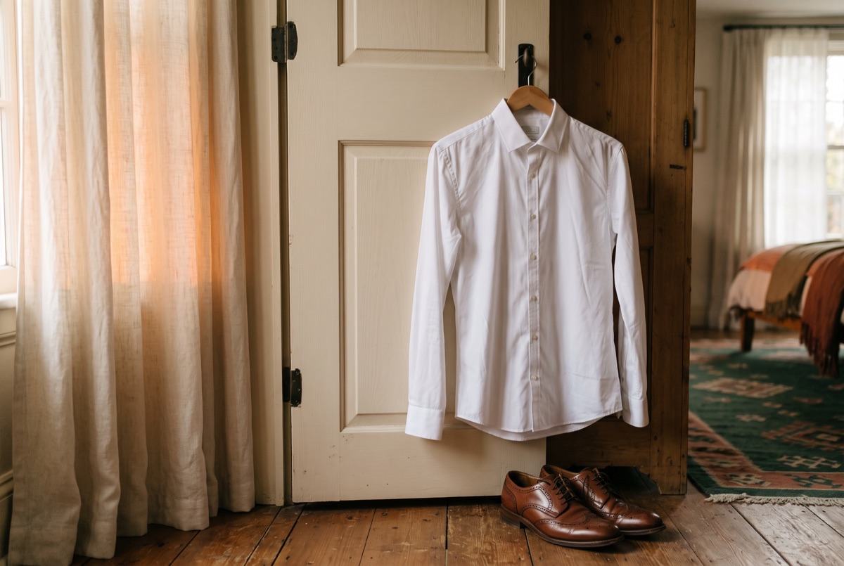 An ironed shirt on a wardrobe door with polished shoes below